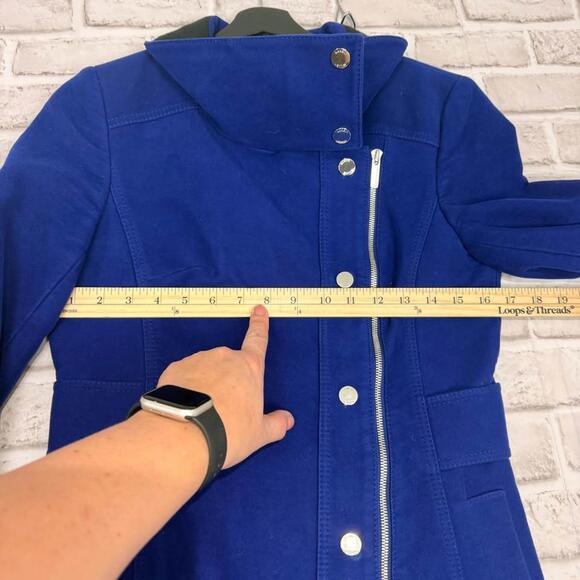 Karen Millen Blue 100% Cotton Trench Coat Asymmetrical Zipper Jacket Women's 6 - Picture 4 of 8